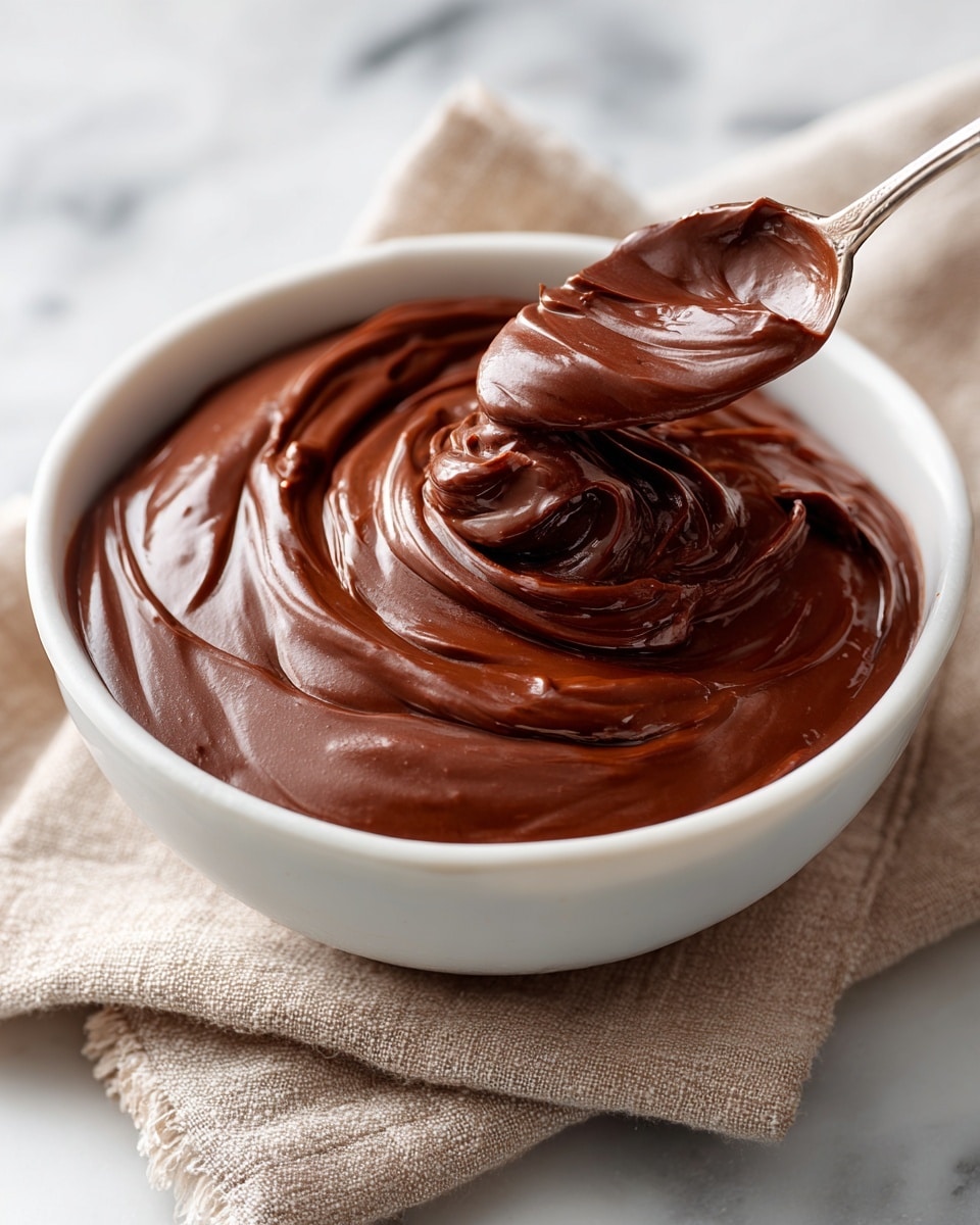 A creamy bowl filled with smooth, rich chocolate mousse that has a glossy surface and soft swirling texture. The mousse is thick and dark brown, with a silver spoon gently resting in it, showing the soft, airy consistency as it lifts a small dollop. The bowl is white and round, placed on a light cloth with some chocolate crumbs scattered nearby, all set on a white marbled surface with soft natural light highlighting the shine and texture of the dessert. photo taken with an iphone --ar 4:5 --v 7