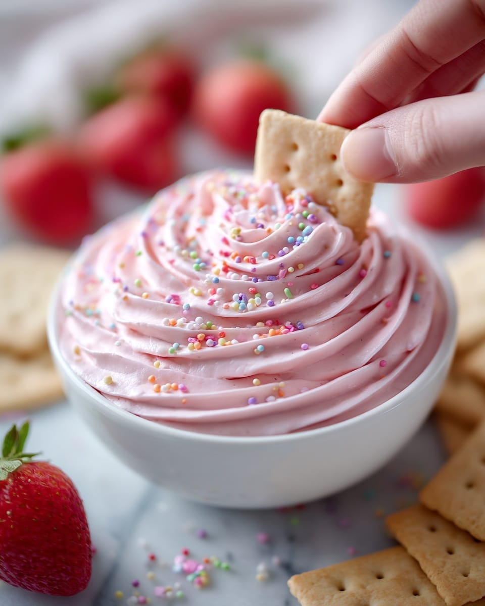 The image shows a close-up of a white bowl filled with a thick, smooth swirl of pale pink dip. The dip is decorated with small pastel-colored sprinkles scattered on top, adding a festive touch. A square, light brown cracker is being dipped into the creamy texture by a woman's hand, with the background softly blurred but showing hints of similar crackers and red strawberries placed on a white marbled surface. The overall look is soft, inviting, and colorful, perfect for a party snack. photo taken with an iphone --ar 4:5 --v 7
