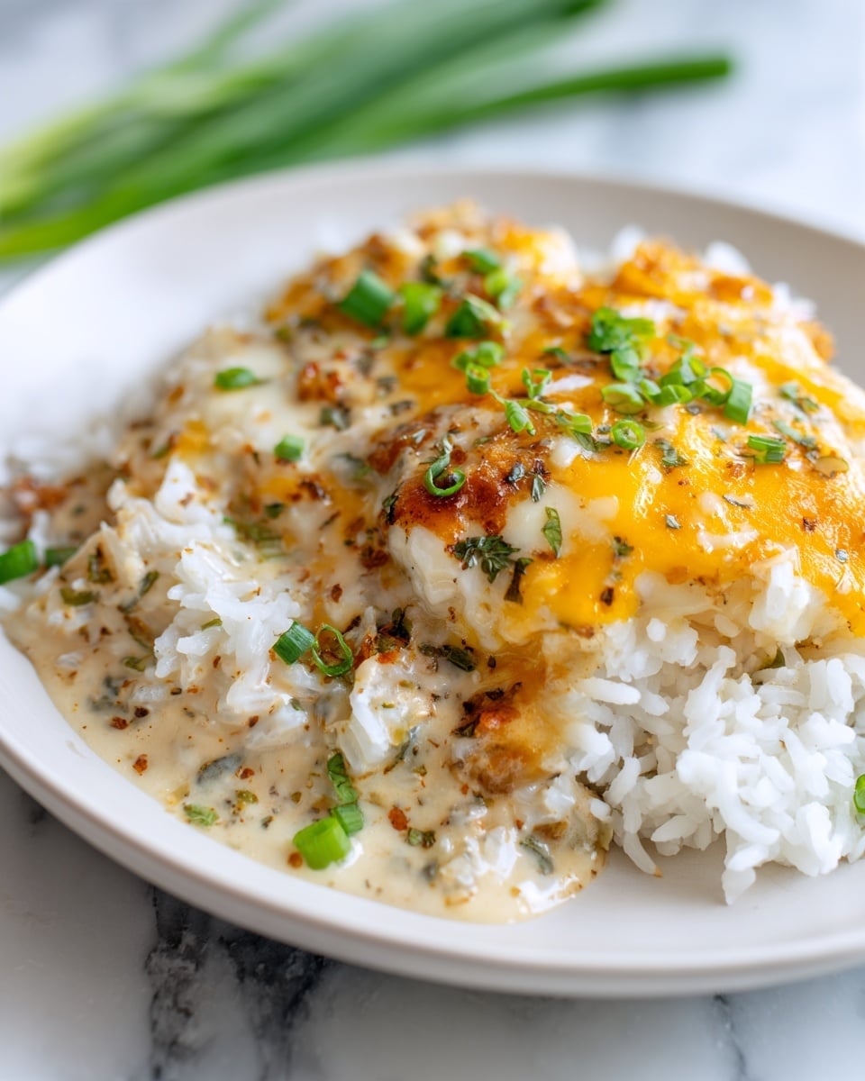 A white plate holds a dish with three main layers: at the bottom, a bed of white rice with visible grains; on top of the rice, a layer of creamy white gravy mixed with small dark specks and bits of sausage; and a sunny-side-up egg with a bright golden-yellow yolk partially covered by the gravy. Small pieces of chopped green onions are scattered on top as garnish. The plate sits on a white marbled surface with blurred green onions and a soft background in warm tones. Photo taken with an iphone --ar 4:5 --v 7