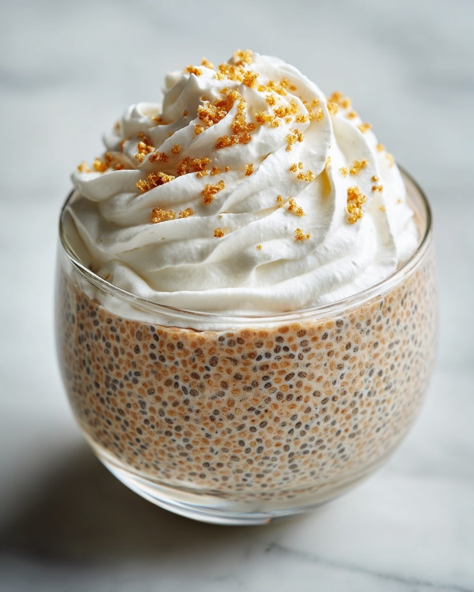 A clear glass bowl filled with two layers: the bottom layer is light brown with small, dark specks giving a grainy texture, likely chia pudding, and it fills almost the entire bowl; the top layer is a large, fluffy mound of white whipped cream with a dollop shape, sprinkled with small, crumbly beige pieces that add texture. The bowl is placed on a white marbled surface. photo taken with an iphone --ar 4:5 --v 7