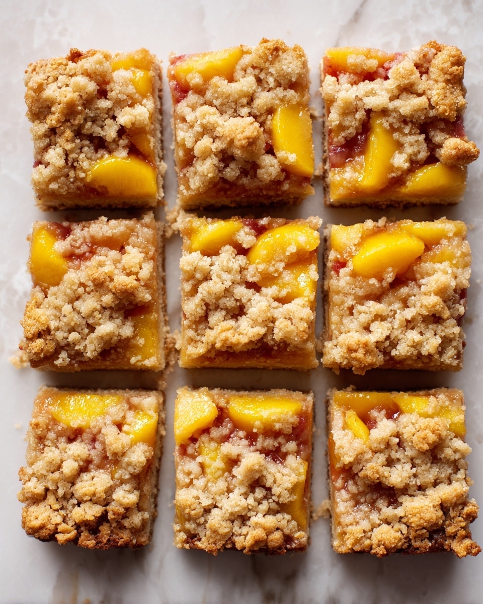 Nine square pieces of peach crumble bars are arranged in a grid pattern on a white marbled surface. Each bar has three visible layers: a crumbly, golden-brown base at the bottom; a thick, glossy layer of peach slices in the middle, with the peaches showing a bright yellow-orange color; and a crumbly, slightly toasted topping that adds texture. The peach slices are irregular in shape but evenly spread, contrasting with the rough texture of the crumble layers. The bars are uniformly cut, showcasing the distinct layers clearly. photo taken with an iphone --ar 4:5 --v 7