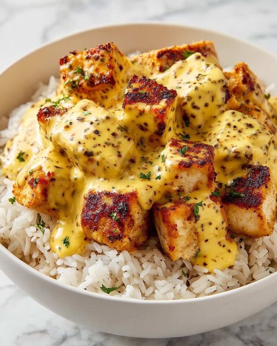 A white bowl filled with cooked white rice as the bottom layer, topped with golden-brown grilled chicken pieces that have a slight char on the edges, covered generously with a creamy yellow curry sauce speckled with spices. Small bits of green herbs are sprinkled on top for garnish. The sauce drips slightly onto the rice around the edges, and the background has a soft, out-of-focus green and blue tone. Photo taken with an iphone --ar 4:5 --v 7