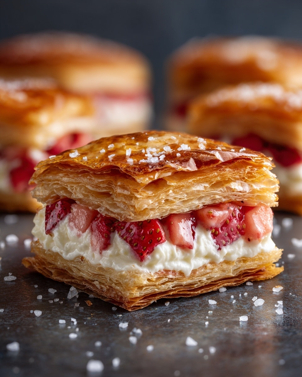 The image shows square-shaped pastries with golden, flaky, and layered puff pastry crusts on the top and bottom. Between the layers, there is a middle filling made of small cubes of bright red fruit, likely strawberries, combined with smooth white cream that peeks through the sides. The pastries are placed close together on a white marbled surface, with some flaky pastry crumbs scattered around. The top layer shines with a shiny, glazed texture, highlighting its crispy and delicate crispiness. Photo taken with an iphone --ar 4:5 --v 7