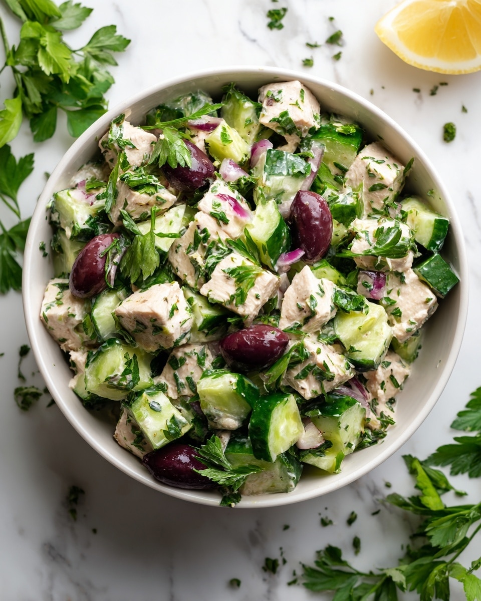 A close-up view of a mixed salad in a white bowl, featuring several layers of chopped light green cucumbers with a bumpy texture, creamy off-white chunks of chicken mixed with green herbs, and dark reddish-brown whole olives scattered throughout. Tiny pieces of purple onion and fresh green parsley are visible within the creamy mixture, giving it a fresh and colorful look. The bowl is placed on a white marbled surface, with some green parsley leaves and part of a yellow lemon slightly blurred in the background. A gray cloth is positioned to the side, adding contrast to the scene. Photo taken with an iphone --ar 4:5 --v 7