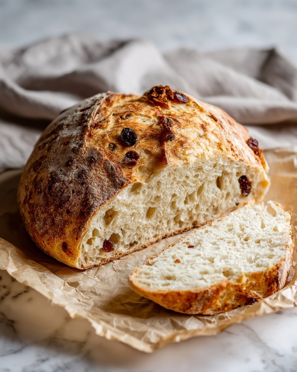 A round loaf of rustic bread with a golden-brown crust that has rough, cracked patches dusted lightly with white flour, and small dark raisins embedded in the top crust; one thick slice is cut from the loaf, showing a soft, airy, and pale creamy interior with small holes, both resting on crinkled light brown parchment paper over a gray cloth on a white marbled surface. Photo taken with an iphone --ar 4:5 --v 7