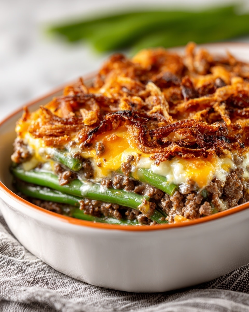 A close-up image of a casserole in a white bowl with an orange rim, set on a white marbled surface. The bottom layer consists of bright green beans with a smooth texture, lying side by side. Above this is a layer of melted, creamy yellow cheese seen softly blending into the green beans. Next, there is a thick layer of cooked ground meat, brown and crumbly in texture. On top, there is a generous layer of golden, crisp fried onions that look crunchy and irregularly shaped, covering the entire dish. The scene gives a warm, hearty feel with the layers distinctly visible. Photo taken with an iphone --ar 4:5 --v 7