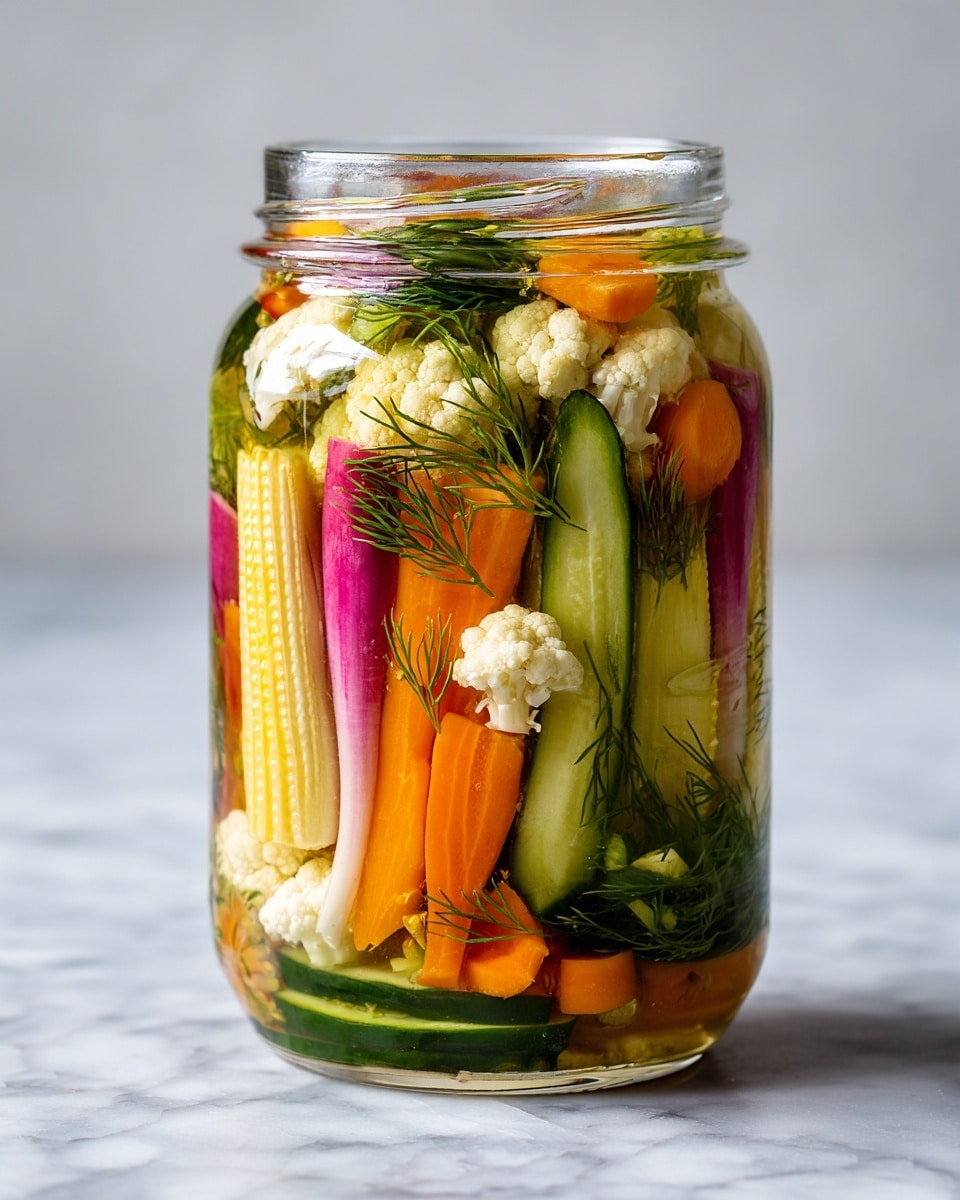 A clear glass jar is filled with multiple layers of colorful pickled vegetables. The bottom layer shows green cucumbers and small zucchini slices, with a light green and creamy texture. Above that, there are thinly sliced radishes with white centers and bright pink edges. Next, there are vibrant orange carrot slices mixed with yellow baby squash. On top, white cauliflower florets with a slightly bumpy texture and sprigs of green fresh dill are visible. The jar sits on a white marbled surface with some blurred vegetables and green onions in the background. Photo taken with an iphone --ar 4:5 --v 7