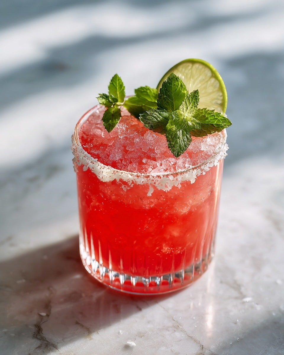 A clear glass with vertical ridges holds a bright pink drink filled with ice cubes. On top, there is a thin slice of lime placed at an angle, and a small bunch of fresh green mint leaves is tucked behind the lime. The glass sits on a white marbled surface with soft, natural light creating slight shadows. photo taken with an iphone --ar 4:5 --v 7