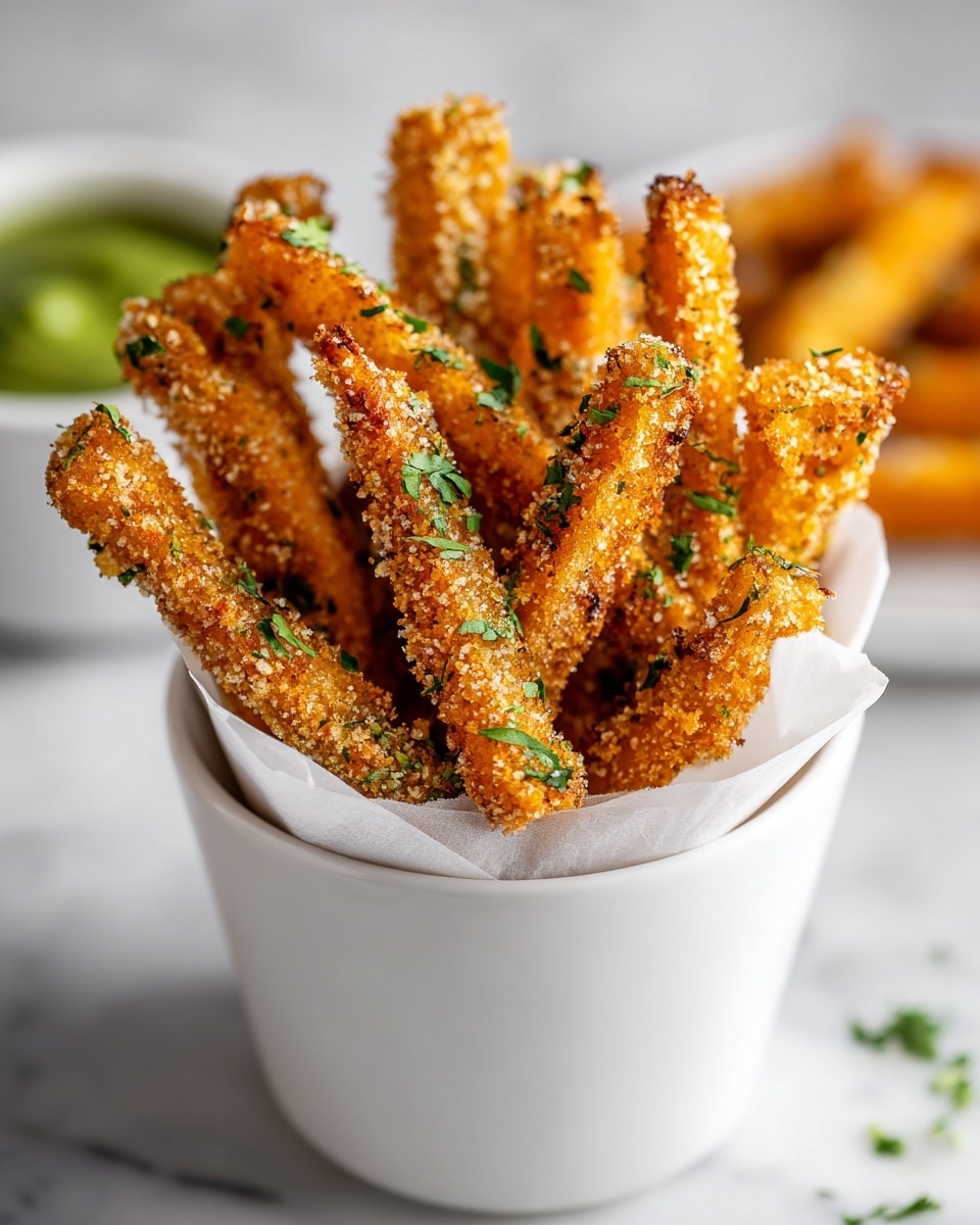 A white bowl filled with golden brown fried sticks covered in crispy crumbs is placed on a white marbled surface. The fried sticks are sprinkled with small, fresh green herb pieces that add a pop of color. In the background, there is a small white ramekin with green slices that look like jalapeños, and some more fried sticks are slightly blurred behind it. The fried sticks have a crunchy texture with visible salt crystals on the surface. photo taken with an iphone --ar 4:5 --v 7