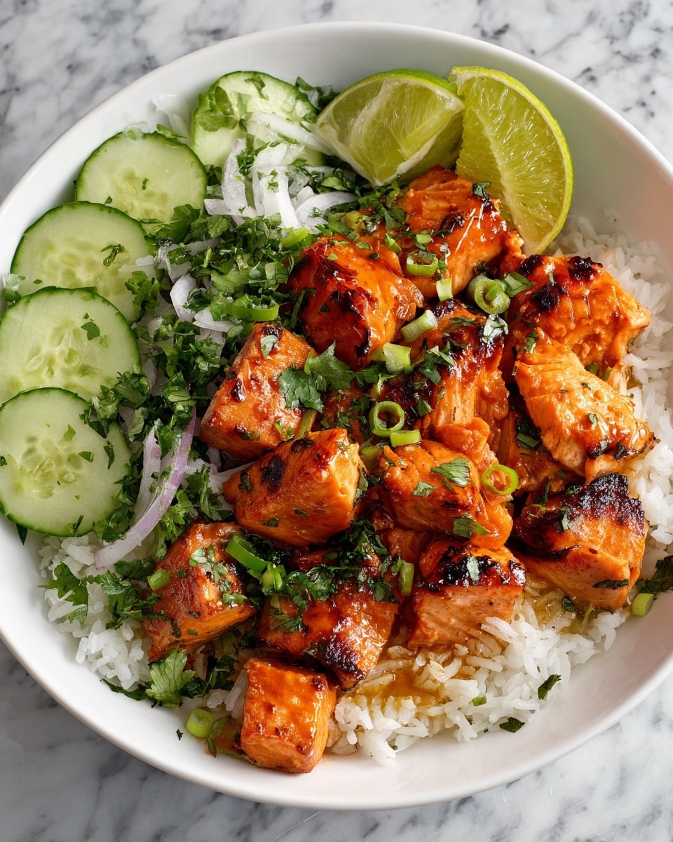 The dish is served in a white bowl with three clear layers visible: the bottom layer is soft white rice, the middle layer contains slices of green cucumber arranged along the edges, and the top layer shows grilled, shiny orange salmon cubes with charred edges, garnished with chopped green onions. A wedge of lime is placed in the bowl next to the rice. The dish is placed on a white marbled surface. photo taken with an iphone --ar 4:5 --v 7