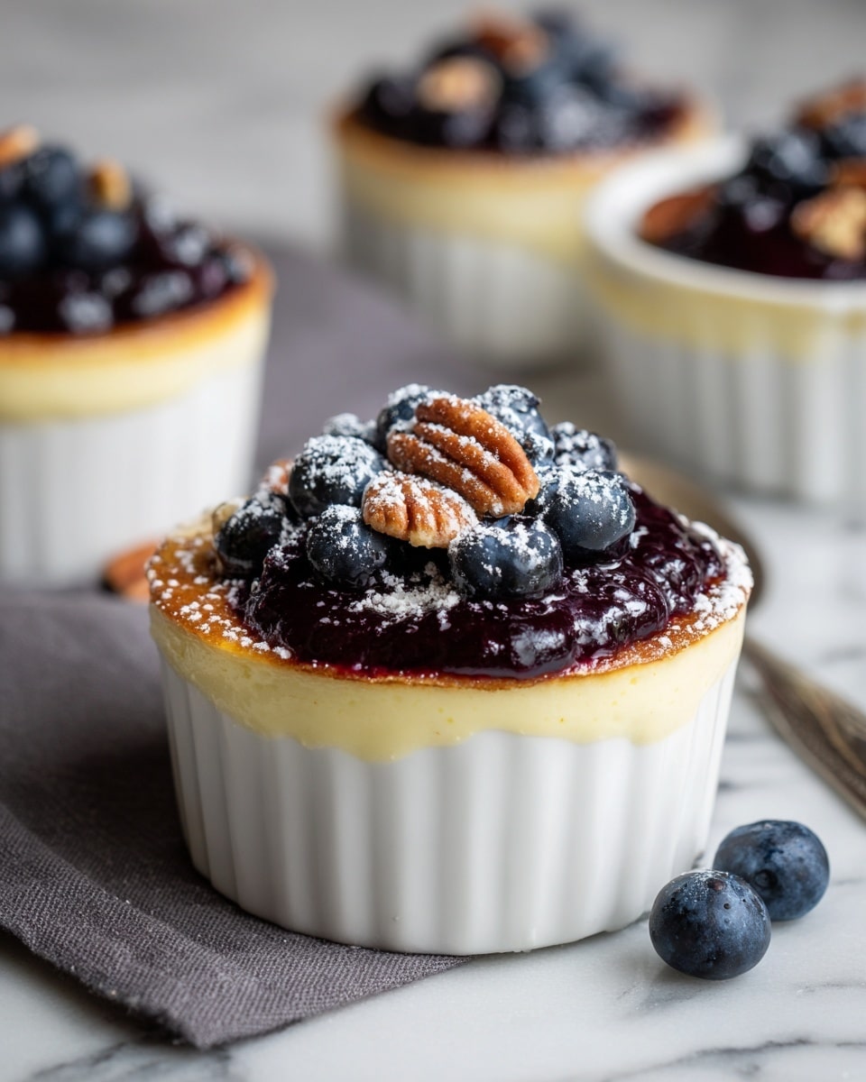 A white ramekin filled with a three-layer dessert: the bottom layer is a soft, golden-baked cake with a slightly browned top; the middle layer is creamy white, partially covered by a rich purple blueberry sauce that swirls across the surface; the top layer consists of plump blueberries scattered on the sauce, with some small brown nut pieces sprinkled between them; a light dusting of white powdered sugar rests on the blueberries, adding a frosted look. The ramekin sits on a white marbled surface with a single blueberry and soft gray cloth nearby. photo taken with an iphone --ar 4:5 --v 7