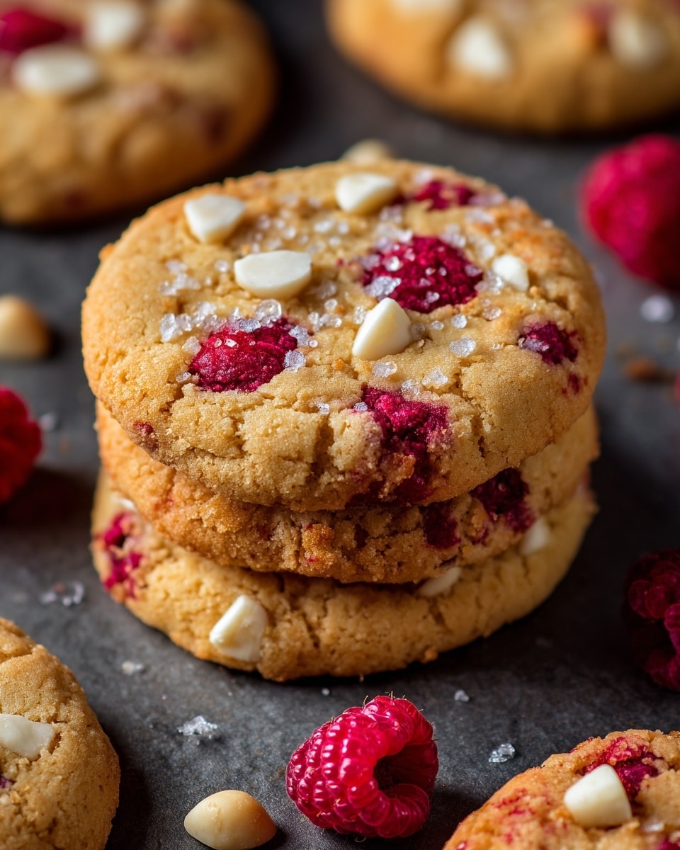 A stack of two golden brown cookies sits on a dark textured surface covered with parchment paper, each cookie showing a rough, cracked top with embedded bright red raspberries and off-white nut chunks scattered throughout. The cookies have a slightly raised edge that is crisp and a soft, chewy center with visible sugar crystals sprinkled on top, enhancing the texture. Around the stack, whole and partial raspberries are scattered, adding pops of red against the dark background. The image is close-up, capturing fine details of the cookie surface. photo taken with an iphone --ar 4:5 --v 7