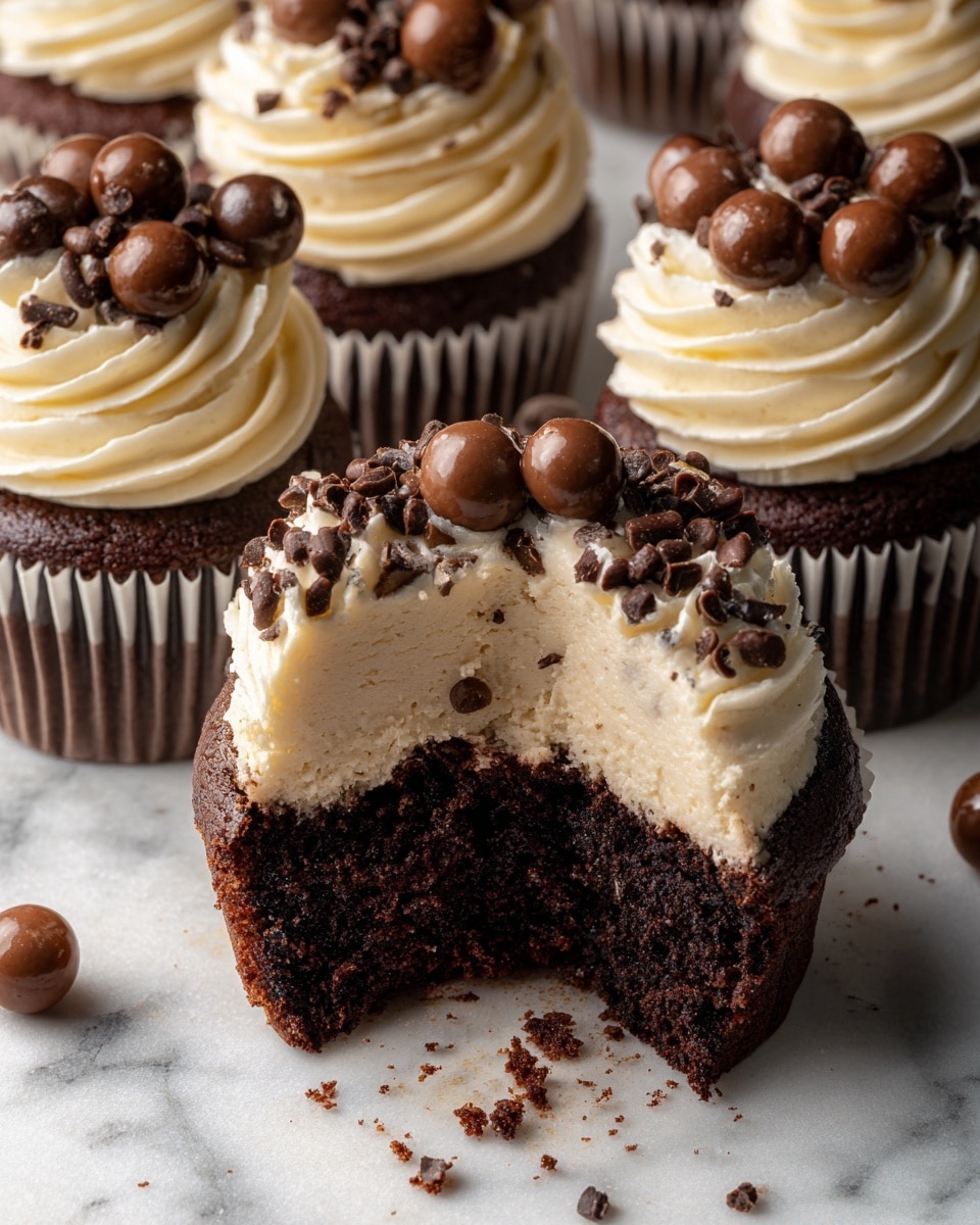 The image shows several chocolate cupcakes with creamy white frosting swirled on top, each decorated with small round chocolate balls and light chocolate shavings. One cupcake in the front is bitten into, revealing two layers of moist chocolate cake and a thick layer of light cream filling in the middle. The cupcakes are placed on a white marbled surface, highlighting the rich brown and cream colors of the dessert. A woman's hand gently holds the bitten cupcake. Photo taken with an iphone --ar 4:5 --v 7