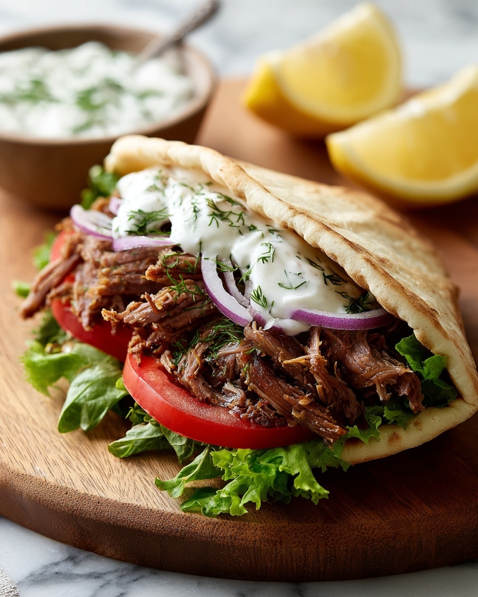 A flat pita bread laid open on a round wooden board rests on a white marbled surface. The first layer is green lettuce leaves, topped with bright red tomato slices. Shredded, spiced meat with a slightly crispy texture covers the tomatoes fully. Thin rings of purple onion are scattered over the meat, and a thick dollop of white, creamy tzatziki sauce with green herb flecks sits in the center, garnished with fresh dill. Two lemon wedges stand in the background, and a small white bowl filled with more tzatziki sauce garnished with dill rests nearby. Photo taken with an iphone --ar 4:5 --v 7