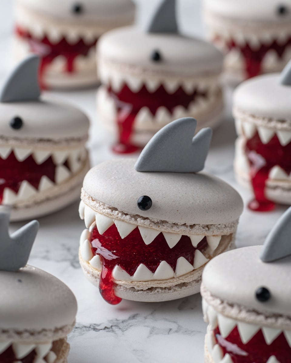 The image shows several small, white macarons designed to look like sharks. Each macaron has two smooth, round shells; the top shell is light gray with a small black shiny dot for an eye, and a gray shark fin standing upright in the middle. Between the shells, shiny red jelly is oozing out like a mouth filled with sharp white triangular teeth made from icing. The macarons are arranged in a loose group on a white marbled surface, with soft natural light coming from the background. photo taken with an iphone --ar 4:5 --v 7