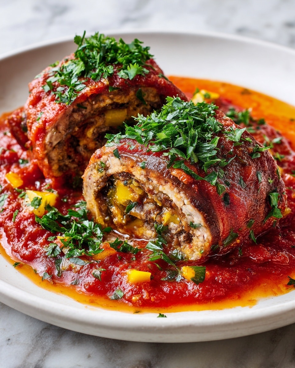 Two thick rolls on a white plate filled with a textured brown meat layer tightly wrapped inside a glistening, browned outer layer topped with a red sauce that has chunky bits of vegetables and fresh green herbs sprinkled on top and around the sauce on the plate, set on a white marbled surface. photo taken with an iphone --ar 4:5 --v 7