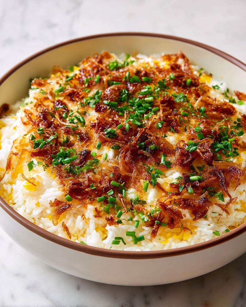 A bowl with three clear layers is shown on a white marbled texture. The bottom layer is long-grain white rice mixed with some yellow rice, giving a soft and fluffy look. The middle layer consists of golden brown, crispy, thin caramelized onions spread evenly on top of the rice. The top layer is a mix of white crumbled cheese and finely chopped green herbs, scattered generously over the onions, adding a fresh contrast. The bowl itself is white with a brown rim, holding the layered dish neatly. photo taken with an iphone --ar 4:5 --v 7