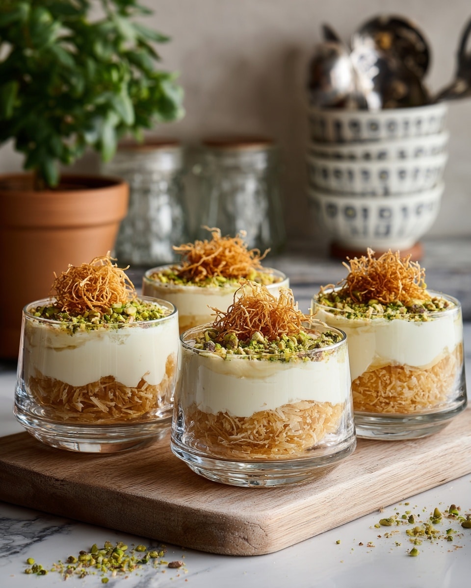 Four clear glass dessert cups are placed on a light wooden board. Each cup has three visible layers: a bottom layer of crushed nuts or crumbs in light brown, a middle thick layer of smooth white cream, and a top layer of golden-brown crispy shredded pastry. The top is garnished with small pieces of green pistachios. The background shows a white marbled texture surface with white measuring cups stacked next to a small plant in a gold pot. Photo taken with an iphone --ar 4:5 --v 7