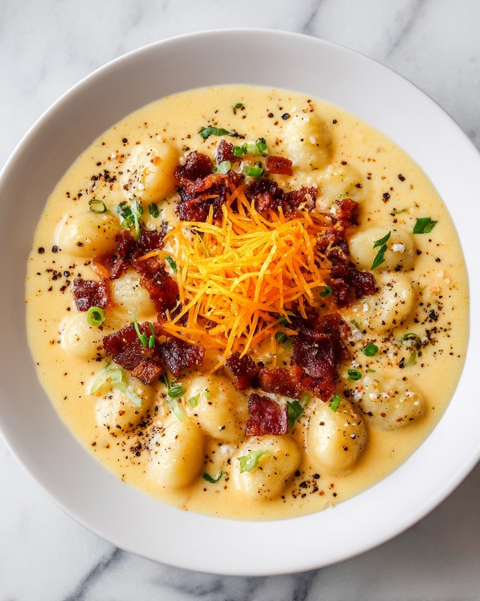 A white round bowl filled with a creamy yellow sauce covering small, soft gnocchi pieces arranged evenly. On top, there are small crumbles of red crispy bacon scattered around the center along with a bright orange shredded cheese layer. A few small green herbs are sprinkled over everything, adding a fresh touch. The whole dish rests on a white marbled surface. photo taken with an iphone --ar 4:5 --v 7