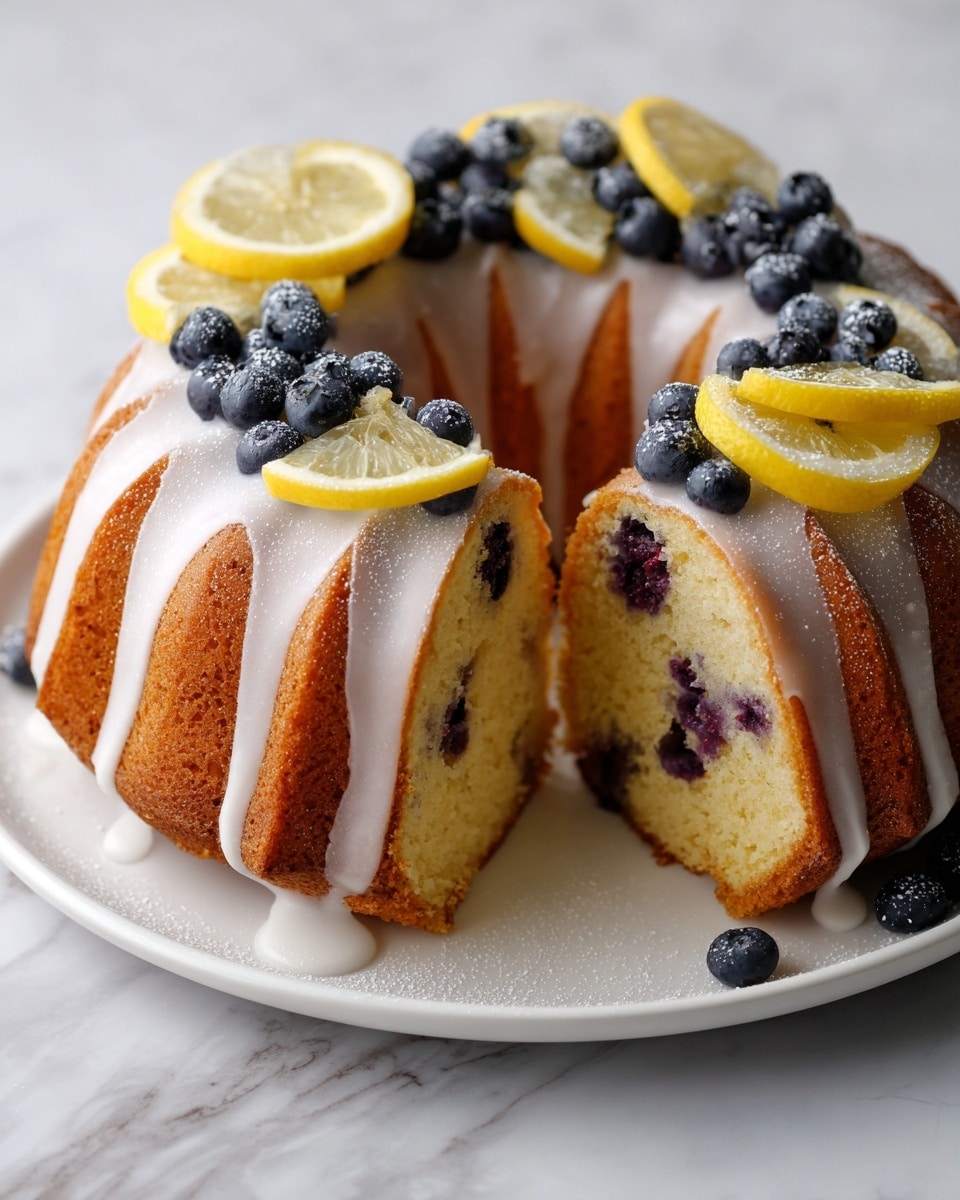 The image shows a bundt cake with a golden-brown outer layer and a soft, moist inside with visible blueberries. The cake is topped with a white glaze that drips slightly down the sides, decorated with fresh blueberries and thin lemon slices placed around the top edge. The cake sits on a simple white round plate, placed on a white marbled surface. The photo captures a close-up view with soft lighting, highlighting the cake’s texture and fresh fruit details. Photo taken with an iphone --ar 4:5 --v 7