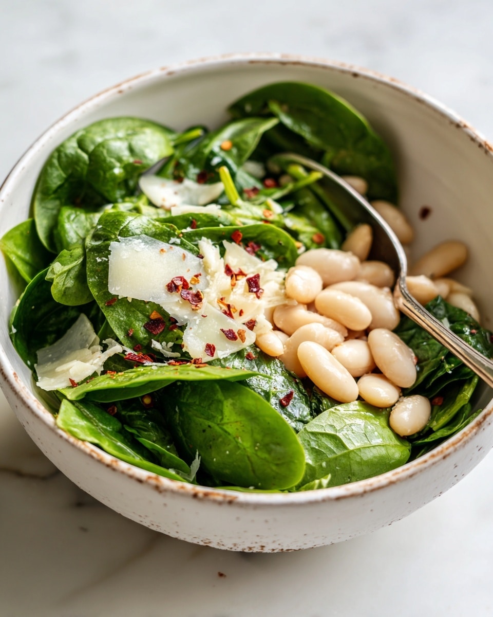 A shallow white speckled bowl holds a fresh salad with three main layers: the bottom layer consists of bright green spinach leaves with a smooth texture, the middle layer is made up of creamy white beans scattered evenly on top, and the top layer is small diced white onions and red chili flakes sprinkled all over. A small chunk of white cheese is placed near the center, adding contrast to the earthy tones. A silver spoon with an ornate handle rests inside the bowl on the left side. The bowl is placed on a white marbled surface with scattered spinach leaves and red chili flakes around it. Photo taken with an iphone --ar 4:5 --v 7