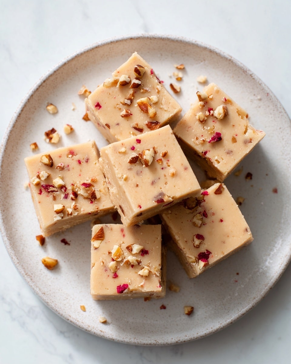 The image shows five square pieces of beige fudge with a smooth, slightly grainy texture, placed on a round dark plate. Each fudge piece has small bits of nuts and red fruit pieces embedded inside and sprinkled on top, giving a mix of light yellow, cream, and red spots across the beige base. Around the fudge squares, there are small broken nut pieces scattered on the plate. The background is a white marbled texture. photo taken with an iphone --ar 4:5 --v 7