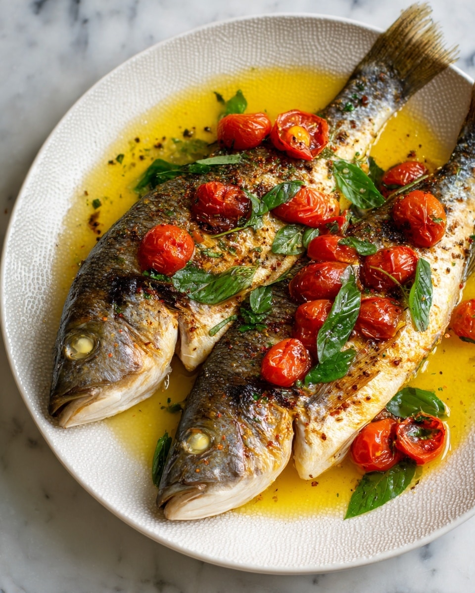 Two whole cooked fish with slightly browned, shiny, silver-gray skin lie on a white plate. The top fish is in the foreground, and the second fish is slightly behind it with its head pointing to the opposite side. Both fish are covered with a mix of bright red cherry tomato slices, fresh green basil leaves, and chopped herbs. The plate is filled with a golden-yellow oil-based sauce that adds a glossy texture around the fish and vegetables. The surface under the plate has a white marbled texture. photo taken with an iphone --ar 4:5 --v 7