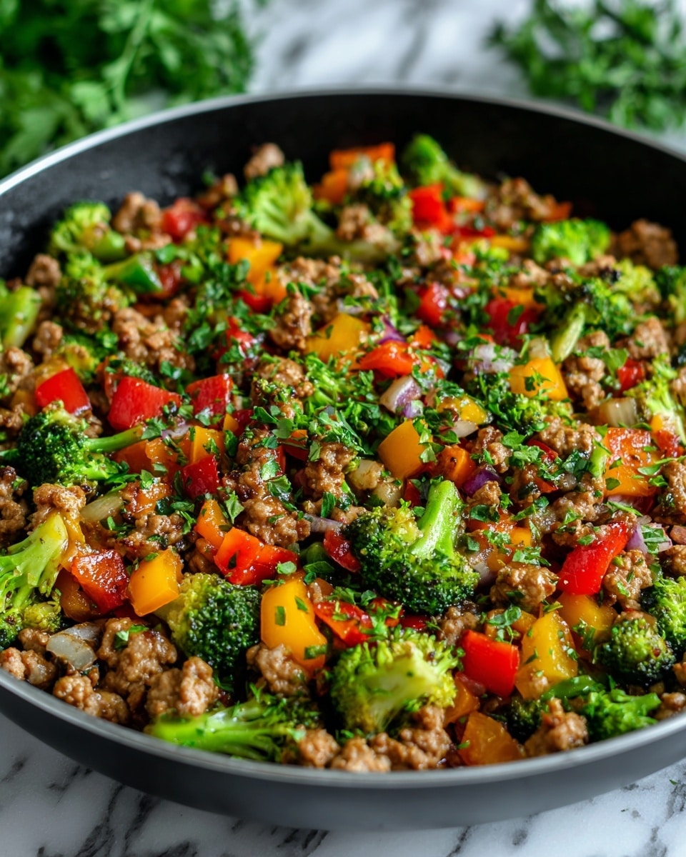 A close-up of a large black frying pan filled with a colorful stir-fry mixture, featuring small browned ground meat pieces as the main layer, scattered evenly throughout. Mixed into the meat are bright green broccoli florets, diced red bell peppers, and translucent cooked onions that create vibrant spots of green, red, and pale orange colors across the pan. The food looks glossy and seasoned with fresh chopped herbs sprinkled over the top, adding a fresh green touch. The pan is on a stove with a white marbled texture surface in the background, showing a kitchen setting. photo taken with an iphone --ar 4:5 --v 7