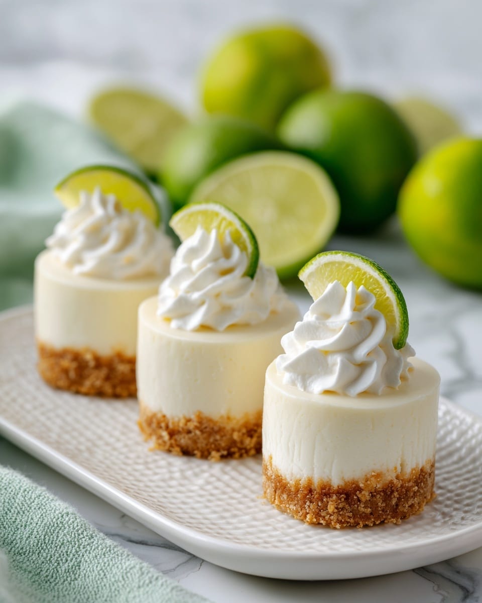 Three small, round key lime cheesecakes are lined up on a long white plate with a ridged edge, each cheesecake showing three layers: a bottom layer of crumbly, golden-brown graham cracker crust, a middle layer of smooth white cheesecake with fluted sides, and a top layer of white whipped cream swirled in a spiral shape. Each cheesecake is garnished with a small fresh lime wedge placed on the whipped cream. In the background, whole and halved fresh limes are scattered on a light green cloth atop a white marbled surface. Photo taken with an iphone --ar 4:5 --v 7