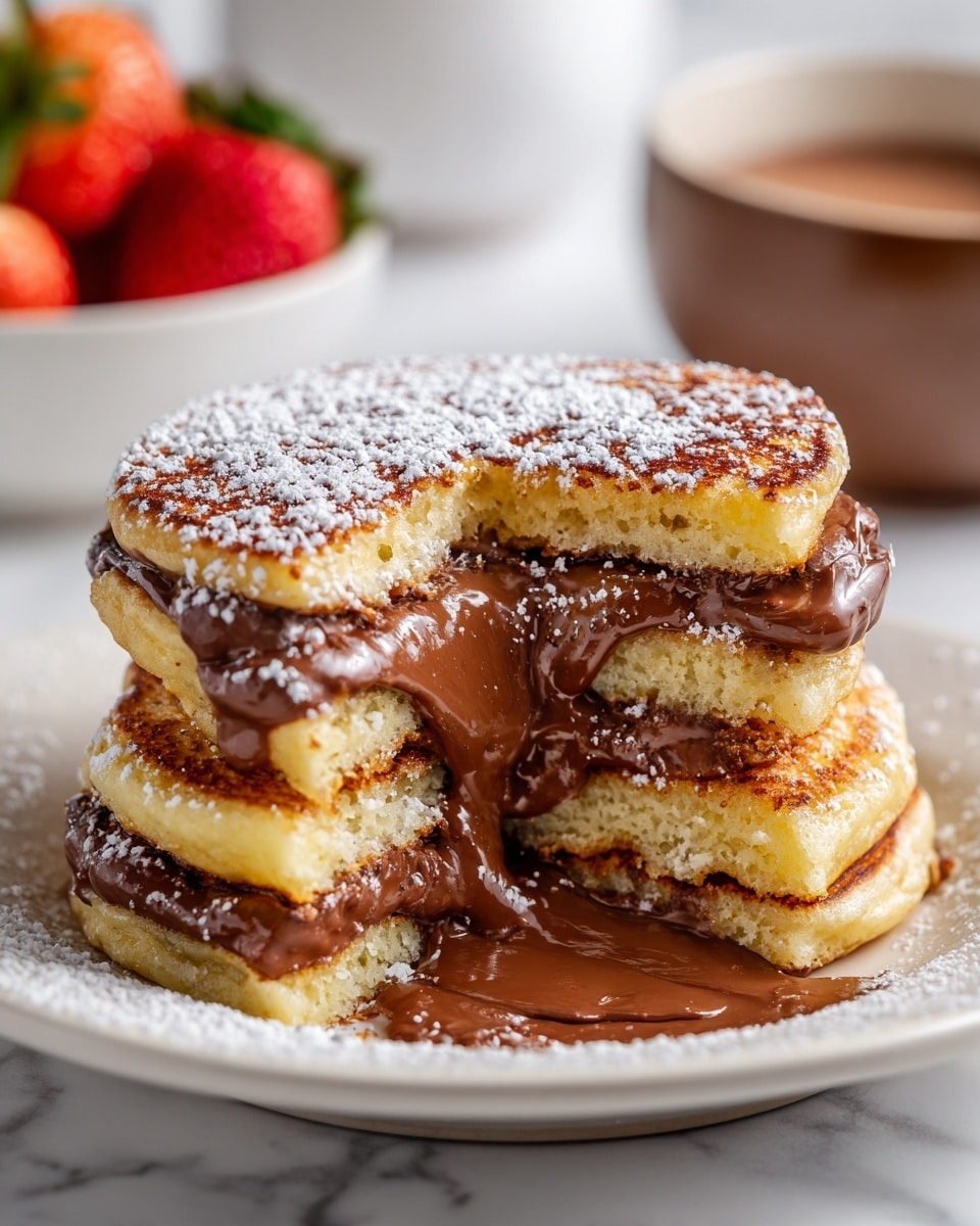 A stack of four golden-brown pancakes sits on a white plate with a white marbled texture underneath. Between each pancake layer, there is a thick, rich, melted chocolate spread that oozes slightly from the sides. The top pancake is dusted with fine powdered sugar, giving a snowy effect on the warm surface. The stack is cut open, showing the gooey chocolate inside each layer and the soft texture of the pancakes. In the background, there is a blurred white bowl of red strawberries and a glass of dark liquid, all resting on the white marbled surface. photo taken with an iphone --ar 4:5 --v 7