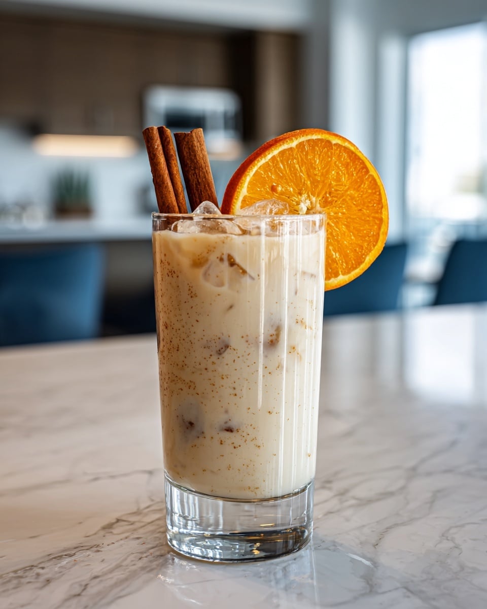 A tall clear glass sits on a white marbled surface, filled with a creamy beige drink that has visible small brown specks and large clear ice cubes floating inside. Near the top, the drink has a smooth texture mixed with some lighter frothy areas. Garnished on the rim are two brown cinnamon sticks standing upright and a bright orange slice curved slightly around the edge. The background shows a blurred kitchen setting with soft natural light. photo taken with an iphone --ar 4:5 --v 7