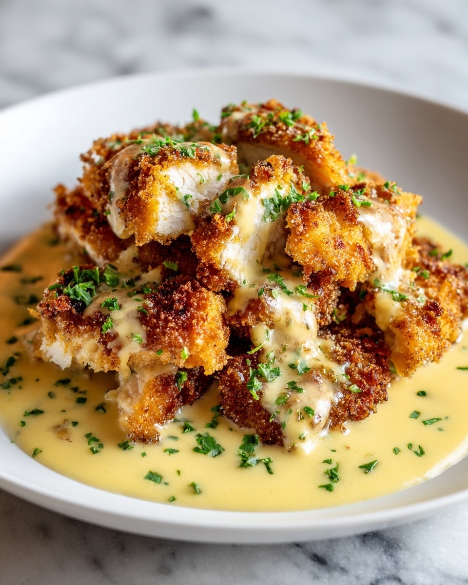 A white plate holds several pieces of golden-brown breaded fish fillets, each crispy with a textured crust. On top of the fish, there is a creamy, light yellow sauce that covers parts of the fillets, sprinkled with small green herb leaves, adding a fresh pop of color. The fish pieces overlap slightly, showing the flaky white inside of the fillet where one piece is cut. The plate sits on a white marbled surface, enhancing the warm tones of the dish. photo taken with an iphone --ar 4:5 --v 7