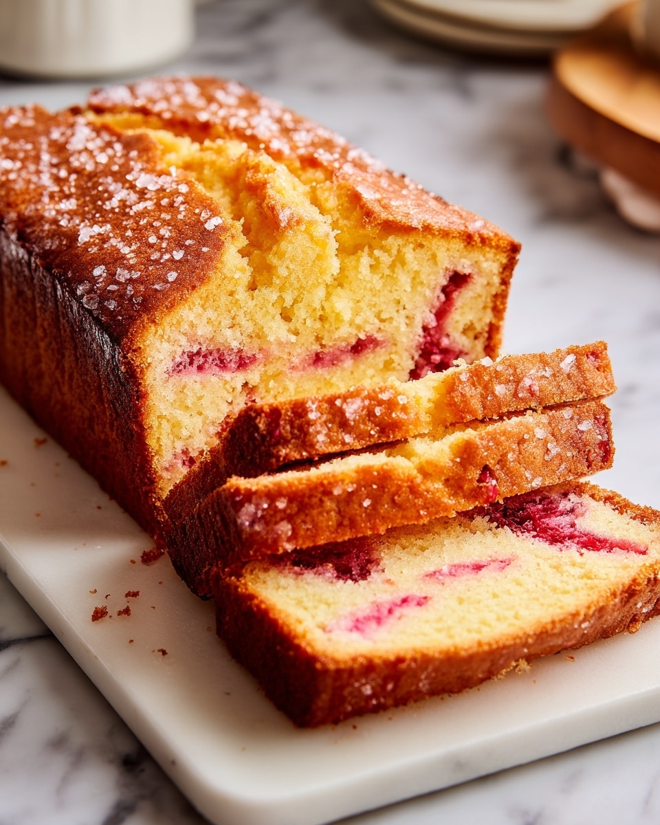 A close-up image of a sliced rectangular cake on a white plate, set on a white marbled texture surface. The cake has two visible layers: the bottom layer is darker brown with a slightly rough texture, while the top layer is light golden with a soft, crumbly texture. Red fruit filling or jam is visible in vertical streaks inside the top layer, adding a pop of color. The top of the cake is sprinkled with coarse sugar crystals that glisten under natural light. Photo taken with an iphone --ar 4:5 --v 7