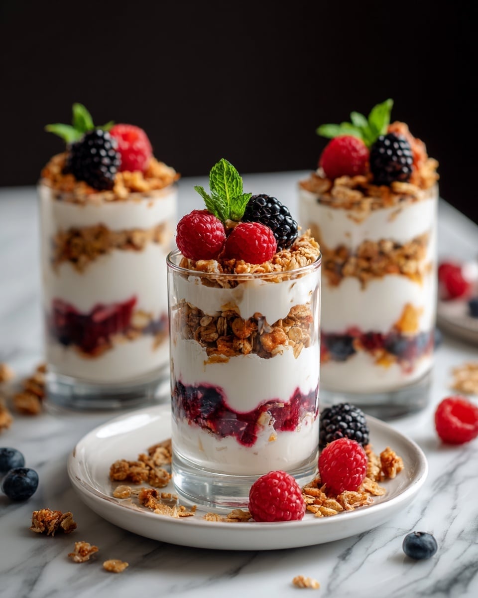A clear glass cup holds a dessert with four visible layers: fresh red raspberries and dark blackberries at the bottom, followed by a thick layer of smooth white yogurt, then a crunchy golden brown granola layer, another yogurt layer, and topped with more granola. On top sit three raspberries, two blackberries, and a small green mint leaf. The glass is placed on a white plate with a few scattered raspberries, blackberries, and granola pieces. The background has a white marbled texture. Photo taken with an iphone --ar 4:5 --v 7