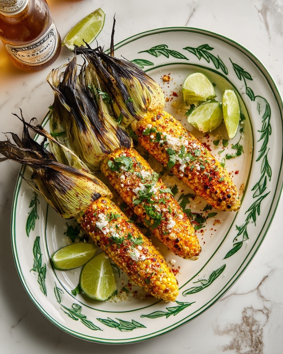 Three grilled corn ears with husks pulled back rest on a long white oval plate with green leaf designs. Each yellow corn is covered with a mix of white crumbly cheese, green herbs, and reddish spices, creating a textured, colorful topping. On the left side of the plate, several lime wedges add bright green contrast. The plate sits on a white marbled surface, with two beer bottles and clear glasses blurred in the background. Photo taken with an iphone --ar 4:5 --v 7