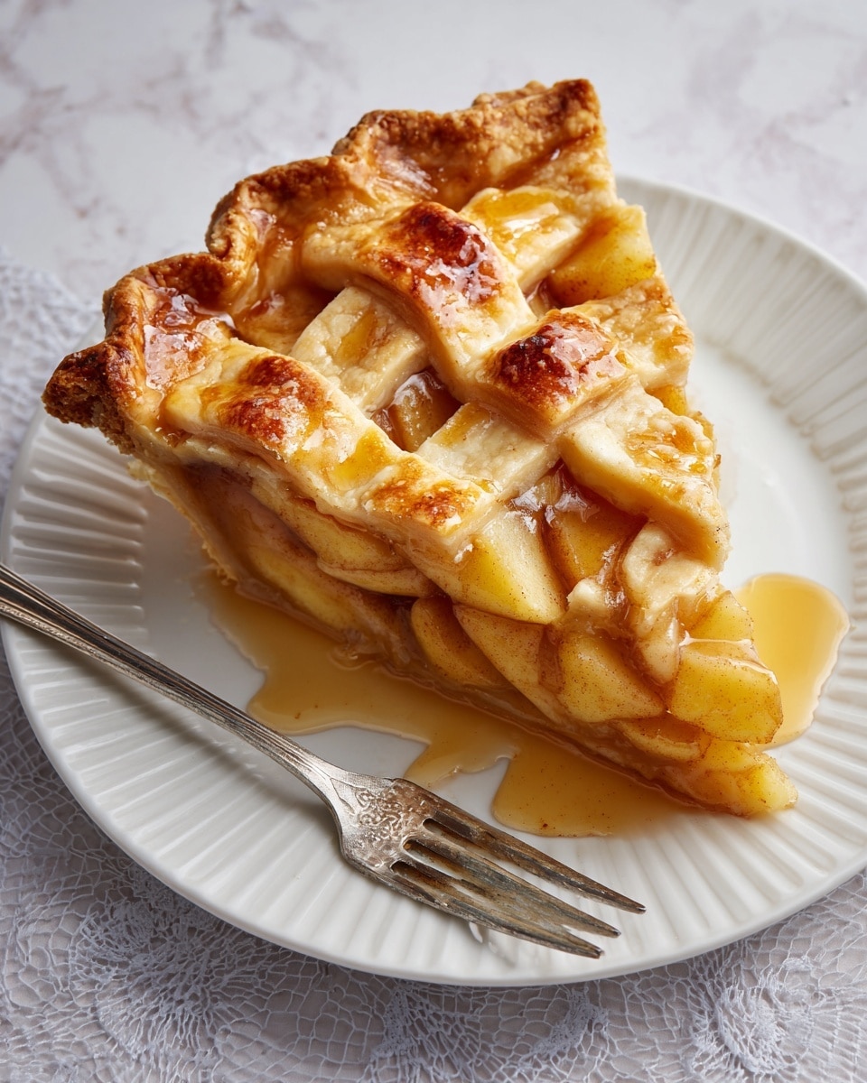 A single slice of apple pie sits in the center of a white plate with ridged edges, showing a golden-brown lattice crust on top that is slightly shiny and crisp. Below the crust, there are thick apple pieces in light golden and soft red colors, soaked in a light amber sauce that slightly spills onto the plate. A silver fork with a detailed handle rests beside the pie slice on the plate. The plate lies on a white marbled textured surface with a lace-like pattern underneath. Photo taken with an iphone --ar 4:5 --v 7