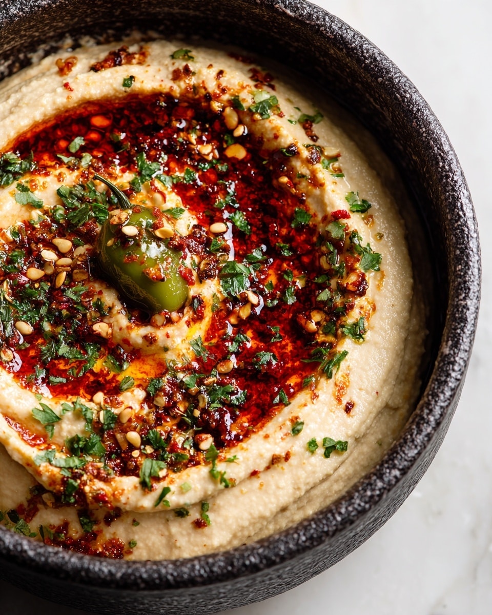 A close-up image of a creamy, textured dip in a dark bowl, with a thick, swirled layer of reddish-brown sauce on top, garnished with green herbs and small bits of spices. A single whole green pepper sits in the center of the dish. The dip itself has a light beige color with visible small green and red bits mixed throughout. The bowl is placed on a white marbled surface. Photo taken with an iphone --ar 4:5 --v 7