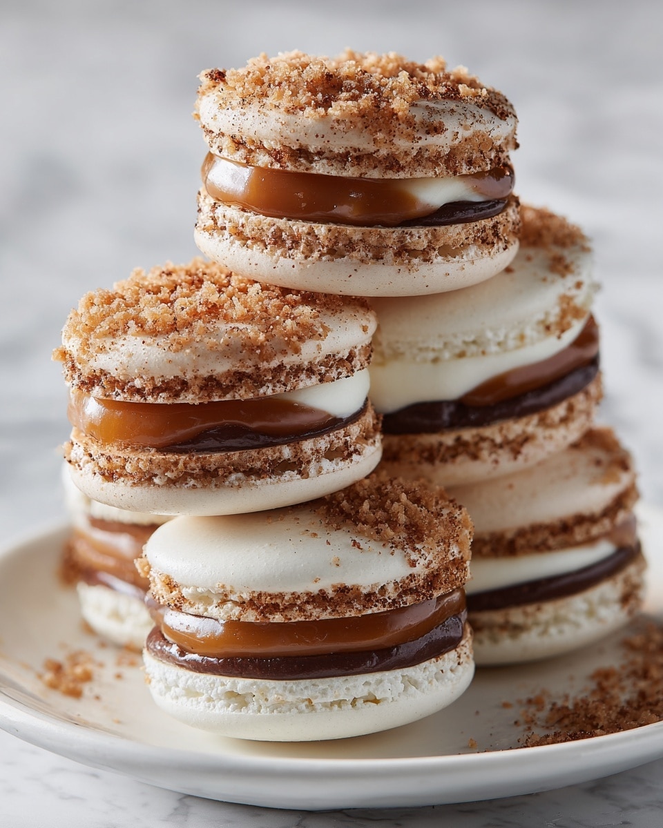 The image shows a stacked pyramid of three-layer macarons on a white plate, set on a white marbled surface. Each macaron has a bottom white shell with a smooth texture, a rich dark brown middle filling, a middle white creamy layer, and topped with a glossy caramel layer covered with light brown crumbs. The layers are neat and evenly stacked, creating a visually appealing contrast of colors and textures. Photo taken with an iphone --ar 4:5 --v 7