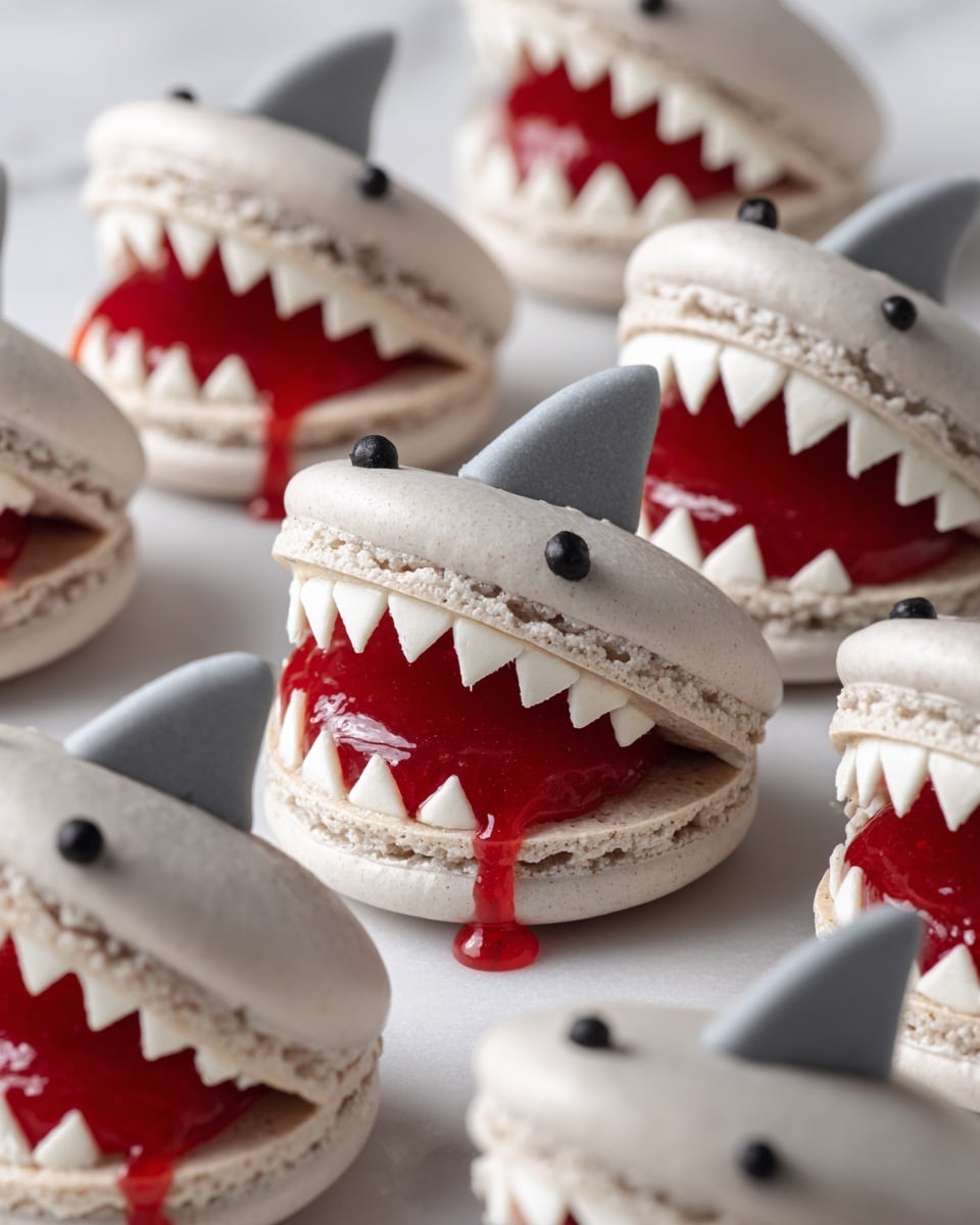 The image shows several shark-shaped macarons arranged closely on a white marbled surface. Each macaron has two light gray shells stacked with a bright red jelly layer in the middle that looks like it is dripping slightly. White triangular shapes between the shells mimic sharp teeth, creating the effect of an open mouth. On top of each macaron, there is a small gray fin, and a small black shiny dot represents the eye near the front. The texture of the shells is smooth but slightly rough around the edges. photo taken with an iphone --ar 4:5 --v 7