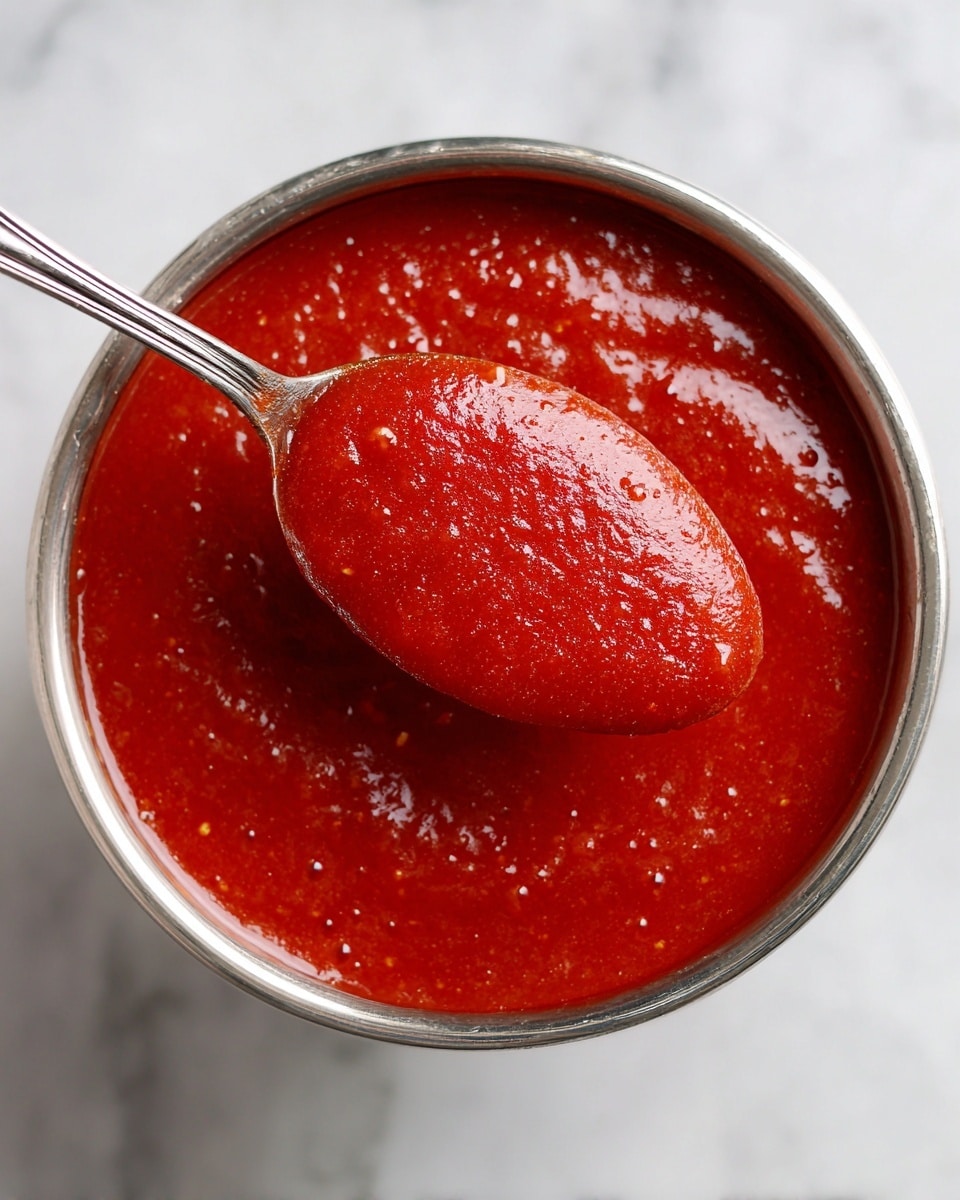 A close-up of a shiny metal bowl filled with smooth, thick red sauce that has a glossy texture and small bubbles on the surface; a silver spoon is dipped into the sauce, lifting a portion that shows a slightly lighter orange-red color beneath, with the bowl resting on a white marbled texture. photo taken with an iphone --ar 4:5 --v 7