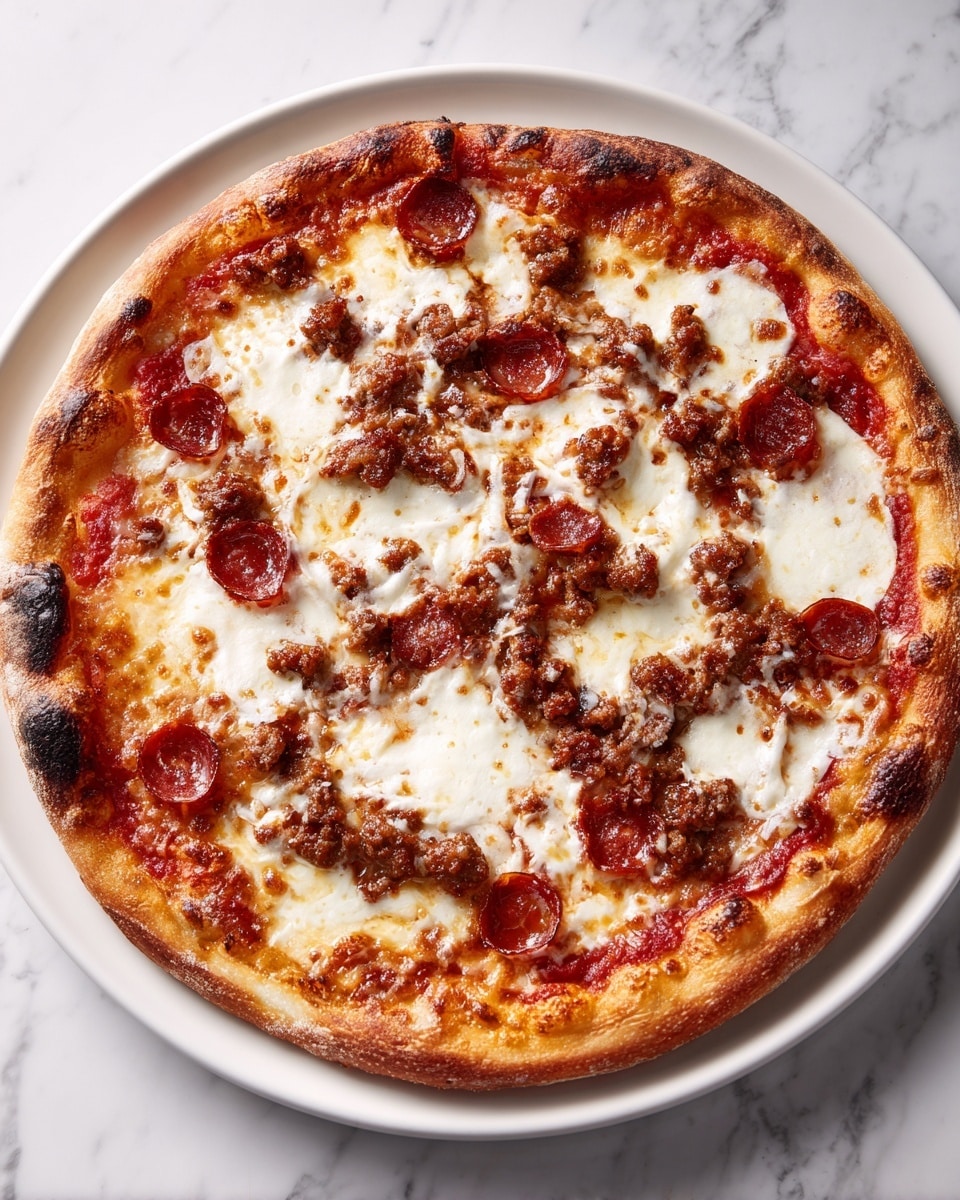 A round pizza sits on a white plate over a white marbled surface, showing a golden-brown crust with slight charring on the edges. The first layer is a red tomato sauce spread evenly under a thick layer of melted, creamy white cheese that covers almost the entire pizza. Scattered on top are small clusters of browned, crispy ground sausage and thin, round slices of reddish pepperoni, spaced evenly across the pizza. The cheese has some bubbling and golden-brown spots, adding texture. photo taken with an iphone --ar 4:5 --v 7