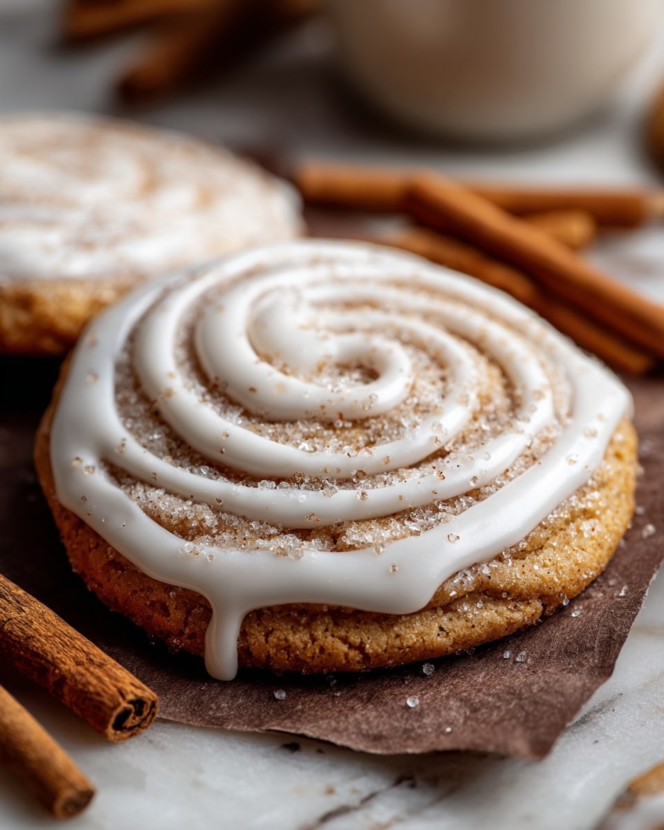 The image shows a close-up of a soft, spiral cinnamon sugar cookie with a thick layer of white icing drizzled in a swirl pattern on top. The cookie has a golden-brown color with visible sugar granules and cinnamon powder dusted evenly on its surface. It is placed on a piece of dark brown parchment paper with cinnamon sticks nearby, all set on a white marbled surface. The photo has a warm and cozy feel. photo taken with an iphone --ar 4:5 --v 7