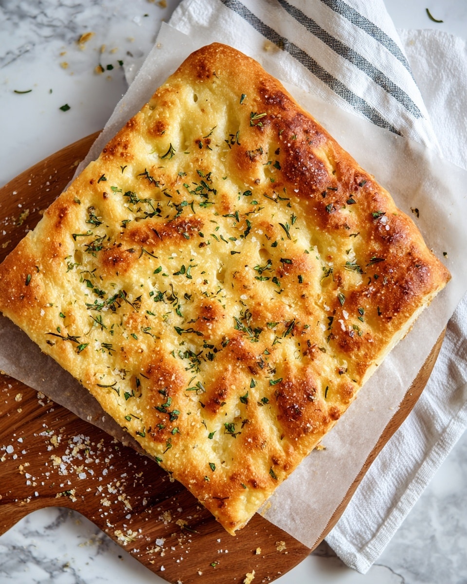 A close-up view of a golden brown focaccia bread resting on white parchment paper on a wooden board, showing a thick, airy layer with a soft, light yellow inside texture and a crisp, slightly bubbly top crust. The surface has small round dimples filled with oil, with patches of browned, toasted areas and sprinkles of fresh green herbs scattered across, adding contrast and a fresh detail. Crumbs around the edges hint at its fluffy texture. A cloth with blue and white stripes is blurred in the background over a white marbled surface. Photo taken with an iphone --ar 4:5 --v 7