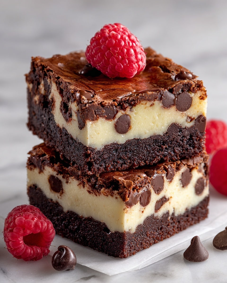 The image shows two stacked dessert bars with three layers: a dark brown bottom layer that looks dense and fudgy, a thick creamy white middle layer, and a thin cracked dark brown top layer with a glossy chocolate finish. The top bar is decorated with two fresh red raspberries and a few dark chocolate chips scattered on and around the bars on a white parchment paper. The bars sit on a white plate, all placed on a white marbled texture surface. Photo taken with an iphone --ar 4:5 --v 7