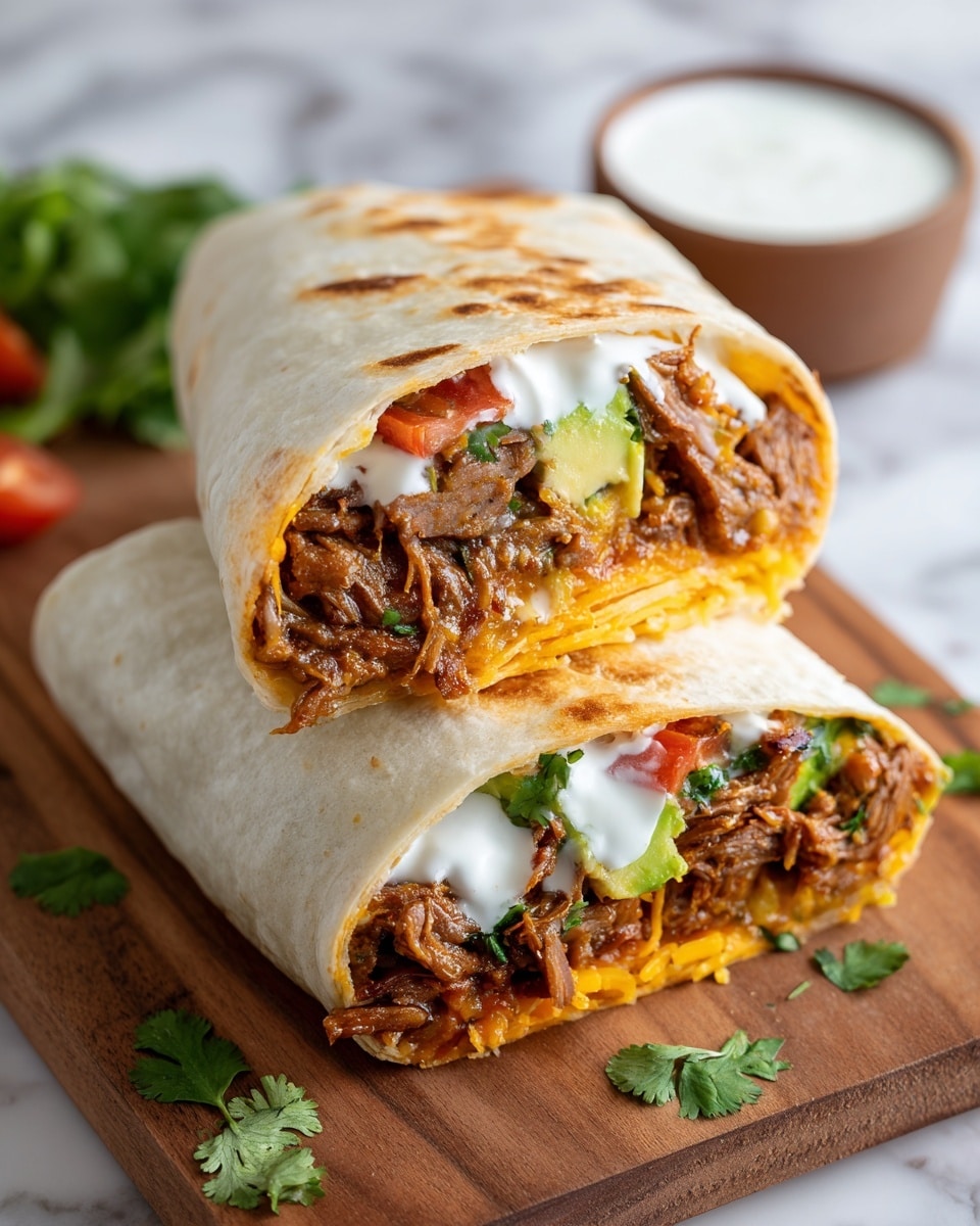 A close-up of a burrito cut in half and placed on a wooden board, showing about four layers inside. The outer layer is a light beige tortilla with slight brown spots from cooking. Inside, there is a layer of shredded orange-yellow cheese at the bottom. Above that, there is a thick layer of cooked beef pieces, brown with some pinkish areas, mixed with green avocado chunks. On top of the meat and avocado, there is a layer of white creamy sauce drizzled unevenly. Small pieces of red tomato and green cilantro are scattered throughout the filling and on top of the burrito. In the background, there is a blurred cup with white sauce, and some green cilantro leaves placed on the wooden surface below. The whole scene is set on a white marbled texture surface. photo taken with an iphone --ar 4:5 --v 7