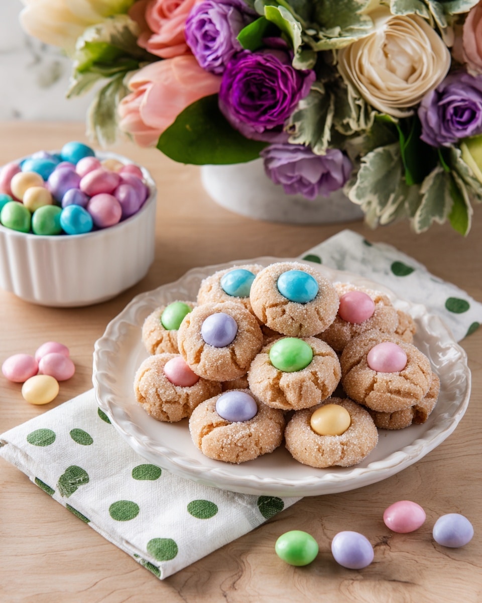 A white decorative plate is filled with small round cookies covered in sugar crystals, each topped with a single pastel-colored candy in green, blue, yellow, pink, or purple. The cookies have a slightly rough texture and are stacked in a small mound. Around the plate are scattered pastel candies matching the toppings on the cookies. To the left, there is a white bowl filled with more pastel candies sitting on a white cloth with green polka dots. In the upper background, there is a bouquet of mixed flowers with green leaves, including roses in soft pink, purple, cream, and deep violet. The entire setup rests on a wooden surface with a white marbled texture underneath visible in some areas. photo taken with an iphone --ar 4:5 --v 7