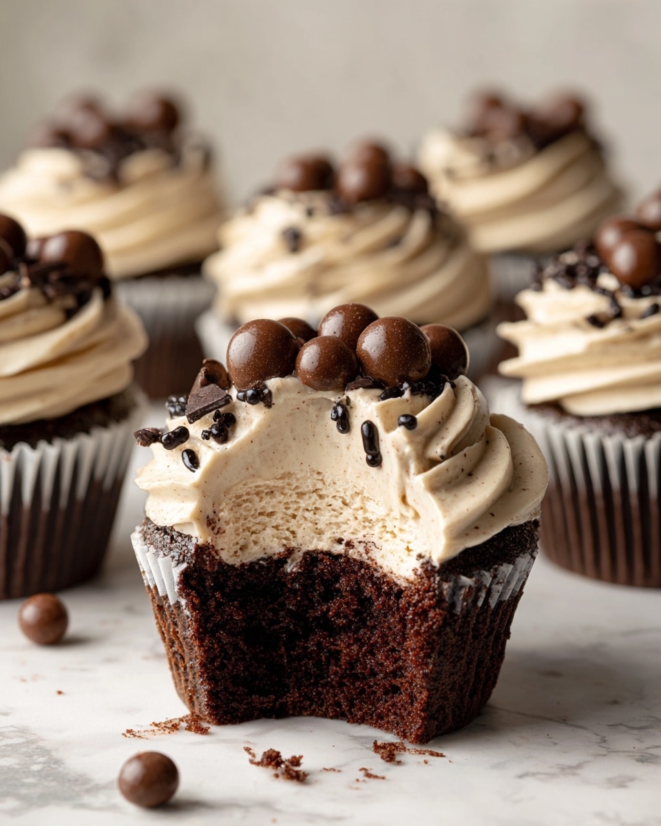 The image shows a group of chocolate cupcakes arranged on a white marbled surface. Each cupcake has three visible layers: a dark brown chocolate base, a middle creamy light beige layer, and a thick swirled layer of off-white frosting on top. The frosting is decorated with small round chocolate balls and chocolate shavings. One cupcake in the front is bitten into, revealing the layered inside clearly. The overall look is rich and inviting with a combination of smooth frosting and textured chocolate accents. Photo taken with an iphone --ar 4:5 --v 7