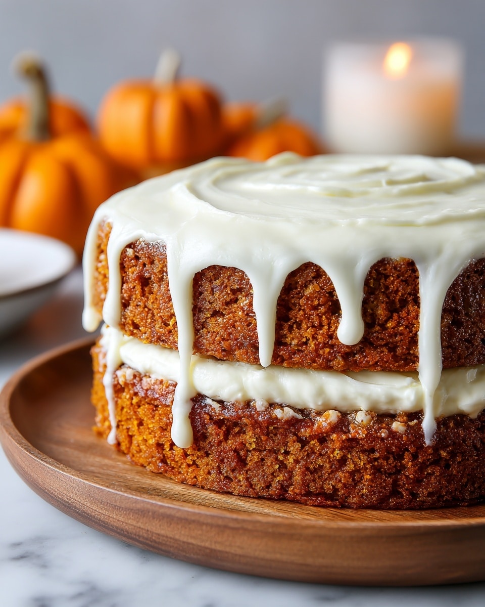 A close-up of a two-layer pumpkin cake on a wooden plate, each layer rich orange-brown with visible pumpkin texture, separated by a thick white cream cheese filling. The top is generously drizzled with smooth white icing that drips down the sides in thick lines. The cake surface appears moist and dense, with small bits of nuts or spices inside. In the background, out of focus, there are small orange pumpkins and a lit candle on a white marbled surface. photo taken with an iphone --ar 4:5 --v 7