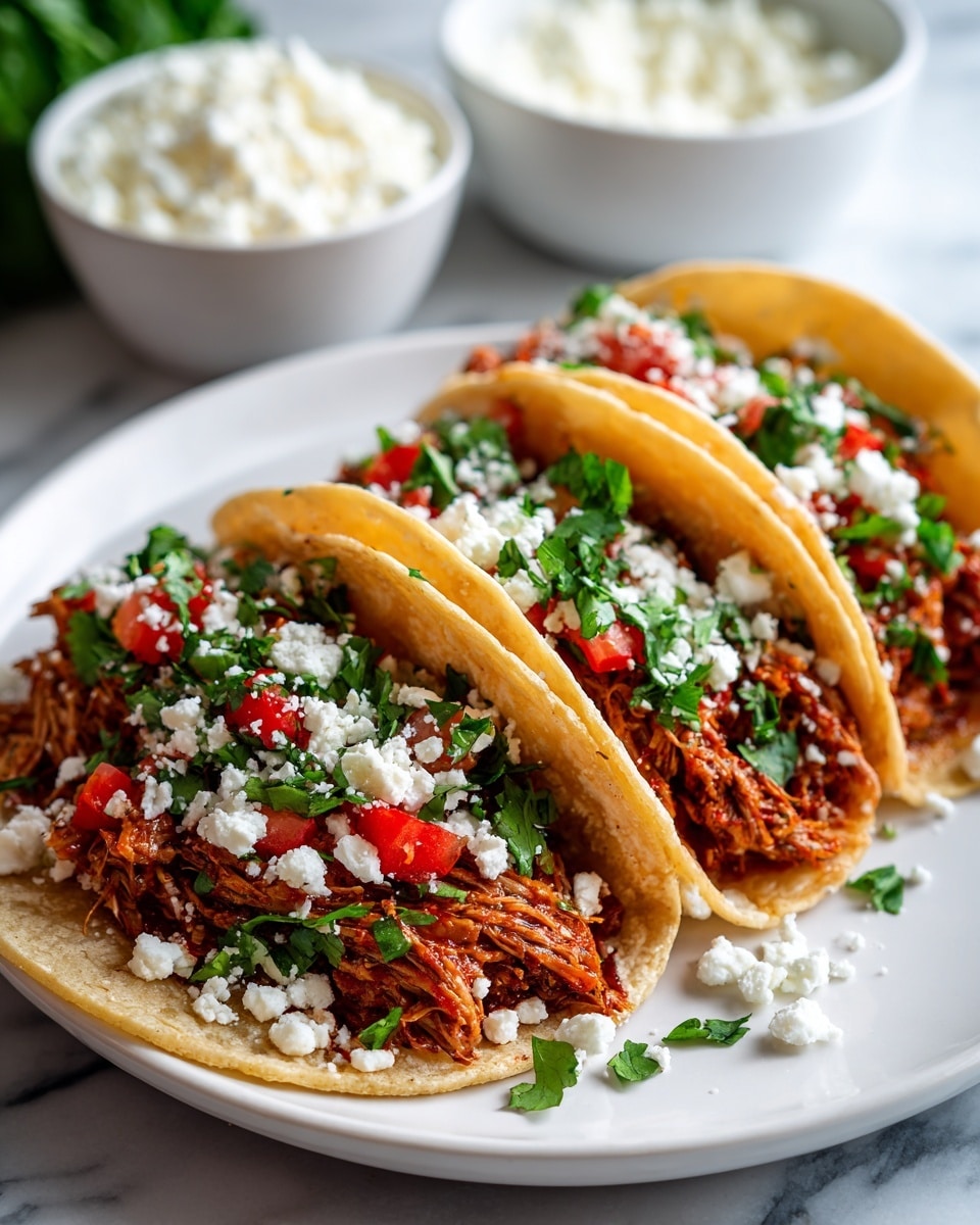 Three soft tacos lay side by side on a white plate, each taco shell filled with layers starting from the bottom with shredded pink cooked chicken. On top of the chicken is a layer of small white cheese crumbles mixed with finely chopped green herbs. Fresh red tomato chunks and green cilantro leaves are scattered generously across the tacos. The texture ranges from tender chicken to soft tortilla and crumbly cheese, with bright fresh vegetables adding color contrast. The plate rests on a white marbled surface. photo taken with an iphone --ar 4:5 --v 7