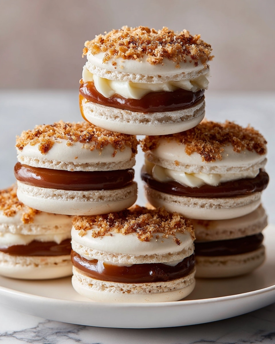 A stack of nine macarons arranged on a white plate, each macaron having three visible layers: a smooth, light brown top with small crumbs scattered on it, a thick middle layer of white cream, and a darker brown bottom layer, all resting on a smooth white marbled surface. The macarons have a soft, slightly shiny texture, and the crumbs add a rough, crumbly detail on the top. photo taken with an iphone --ar 4:5 --v 7